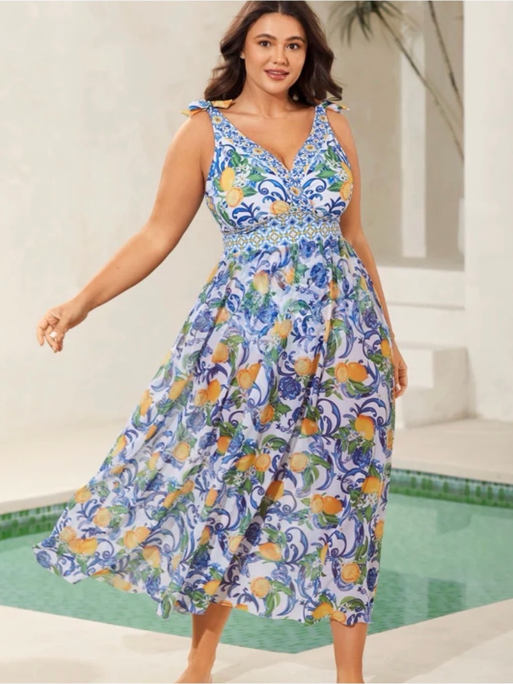 NWT BloomChic Citrus Lemon Print Swimsuit and Sarong in Blue Yellow Green 14/16
